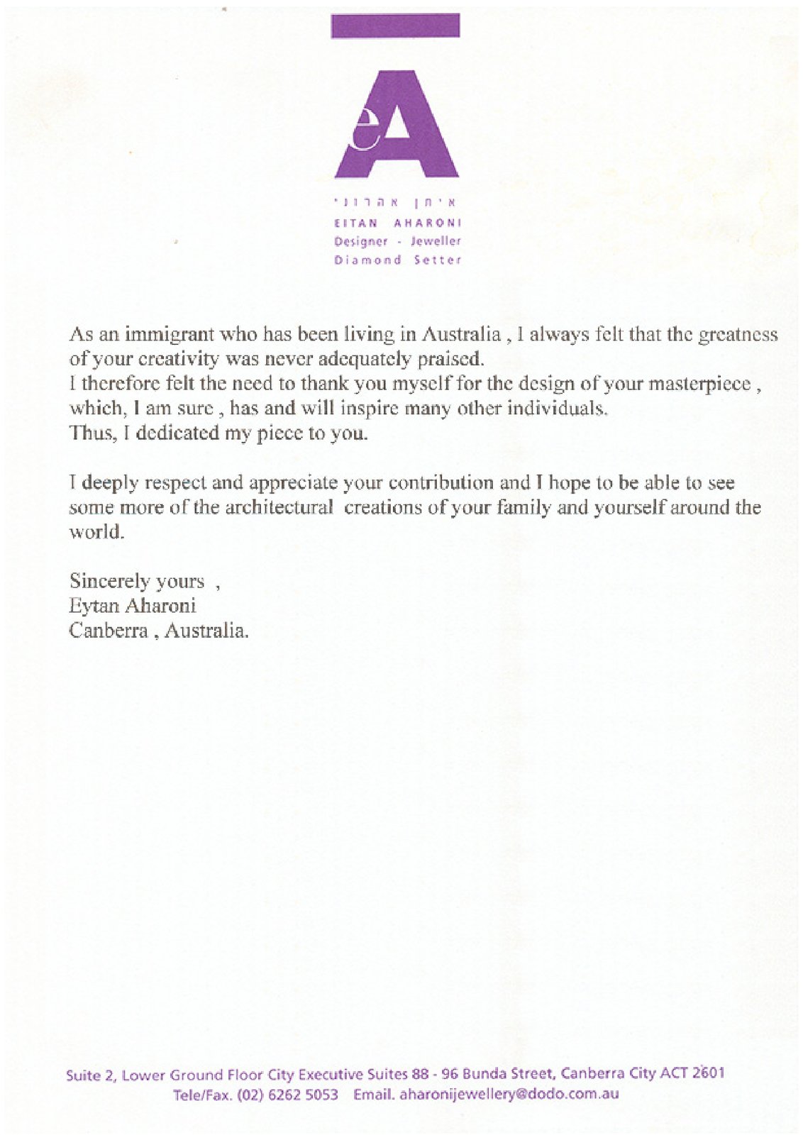 The second page of Eytan Aharoni's letter to Jørn Utzon and the Utzon family, 24 October 2006, dedicating the ring to him