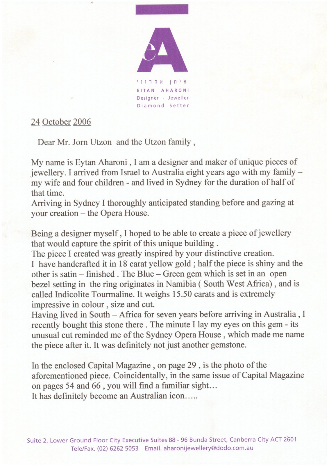 The first page of Eytan Aharoni's letter to Jørn Utzon and the Utzon family, 24 October 2006