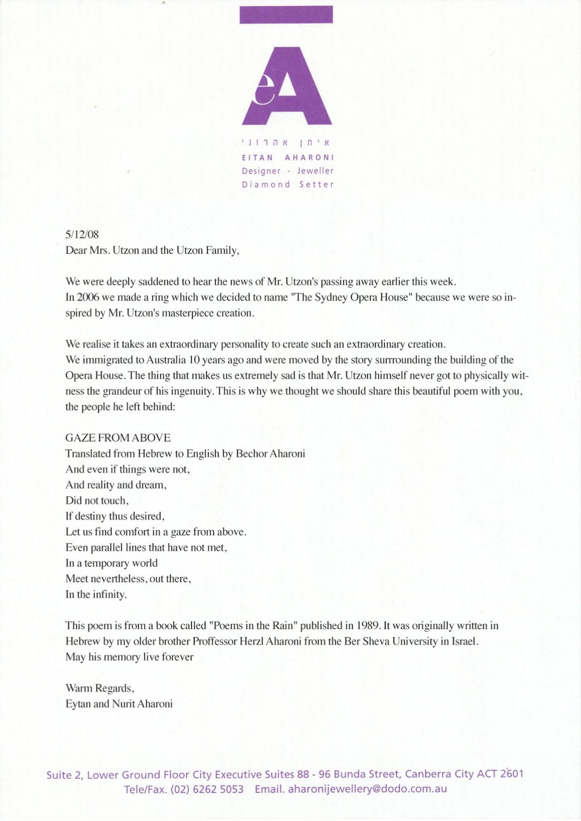 Eytan and Nurit Aharoni's letter to the Utzon family, 5 December 2008, with the poem Gaze from Above