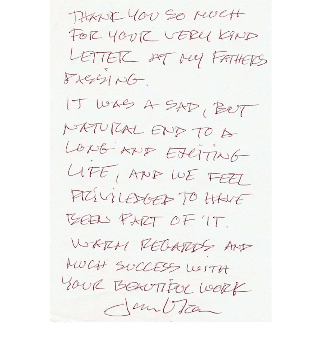 A handwritten letter from Jan Utzon, dated 12 July 2009