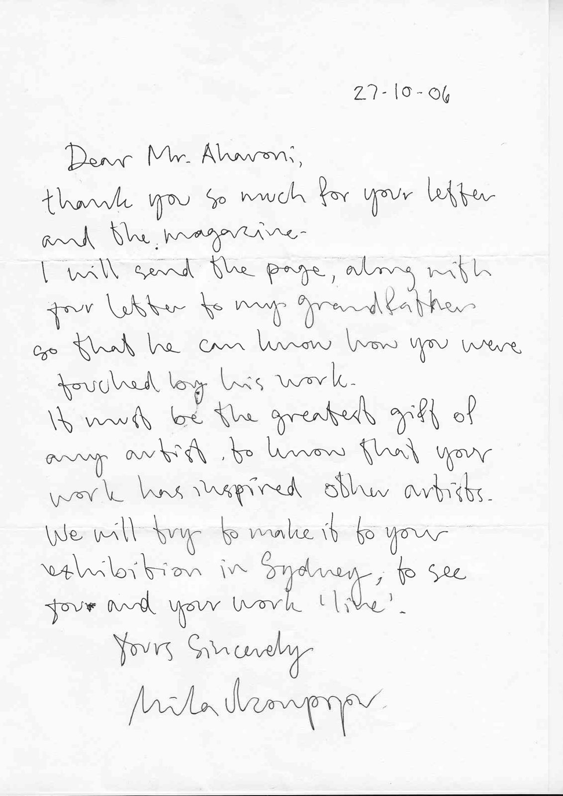 A handwritten letter from Kirsten Utzon-Popov, dated 27 October 2006