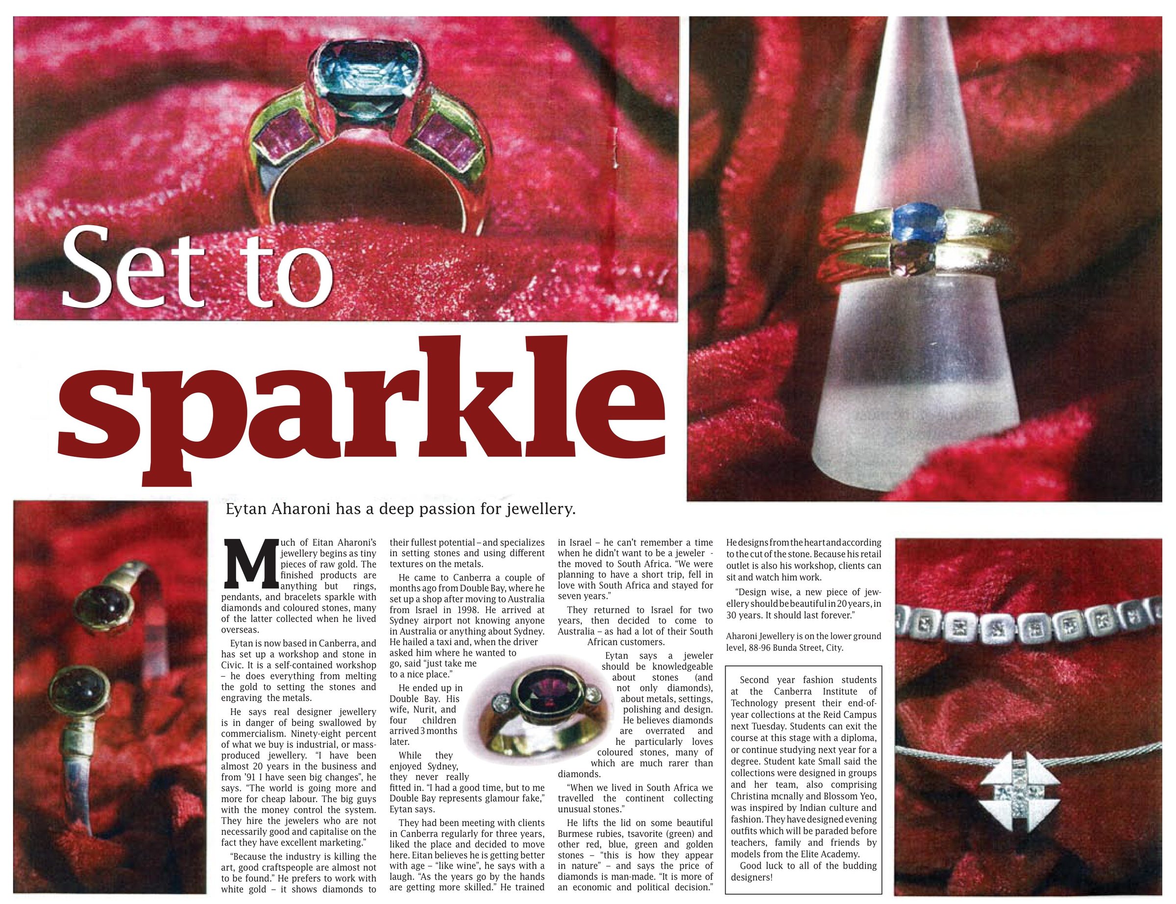 The Canberra Times page: Set to sparkle, a profile of Eytan Aharoni with photographs of his rings and pendants