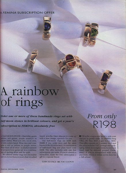 Femina magazine page: A rainbow of rings, a feature on Eytan Aharoni's gem-set rings