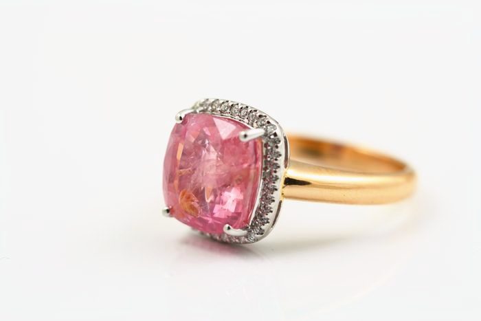 Tourmaline cushion ring: a pink Tourmaline with diamonds in 18 karat rose gold