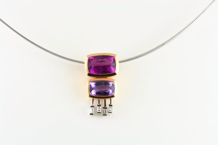 Cuprian Tourmaline pendant: two Cuprian Tourmalines with baguette cut diamonds in 18 karat rose and white gold