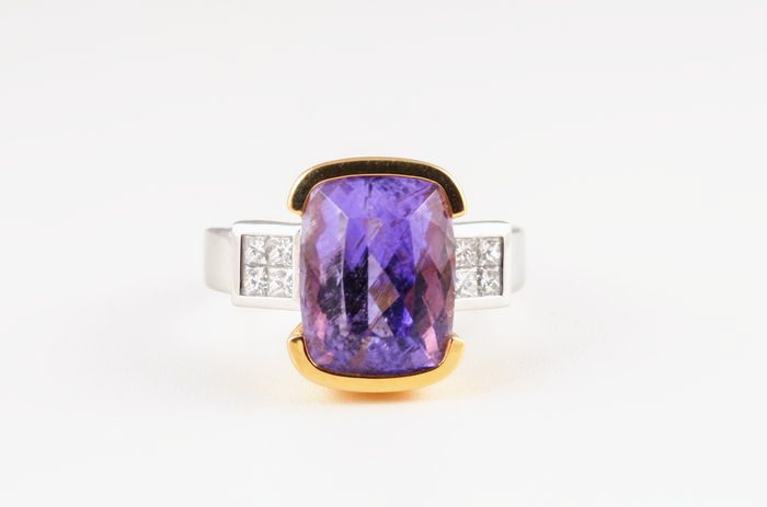 Cuprian Tourmaline cushion ring: a purple Cuprian Tourmaline with diamonds in 18 karat white and rose gold