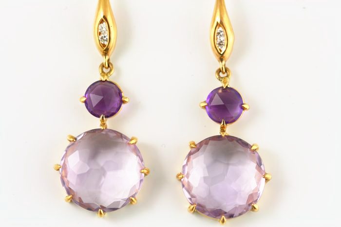 Amethyst drops: Amethysts and diamonds set in 18 karat yellow gold