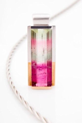 Multi-coloured pendant: a Watermelon Tourmaline set in 18 karat rose and white gold