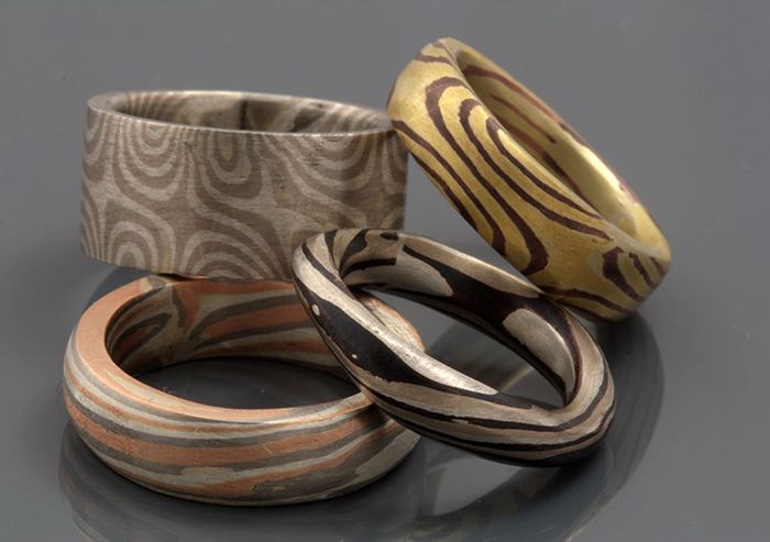Mokume Gane ring group: a group of Mokume Gane bands