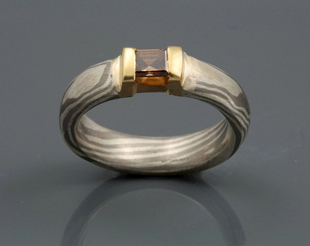 Citrine Mokume Gane ring: a Citrine set in a Mokume Gane ring