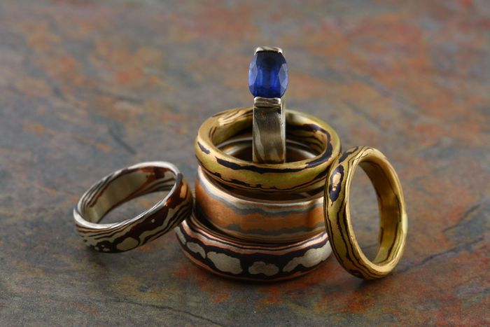 Mokume Gane rings with a Sapphire