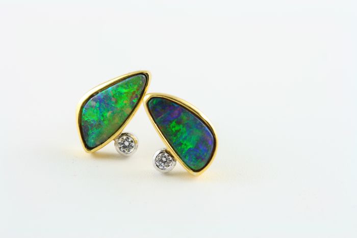 Boulder Opal earrings: Boulder Opals and diamonds set in 18 karat yellow and white gold