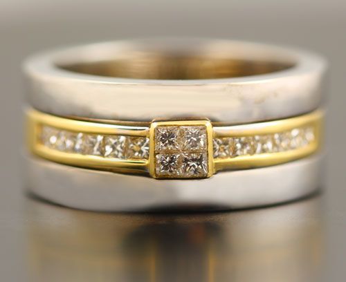 Two-tone diamond band: princess cut diamonds set in 18 karat gold