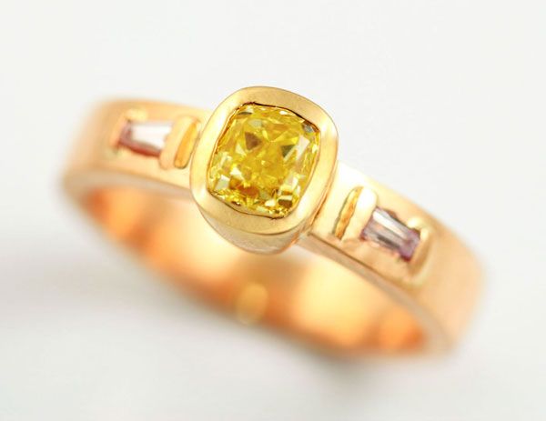 Yellow diamond ring: a yellow diamond with diamonds in 18 karat rose gold