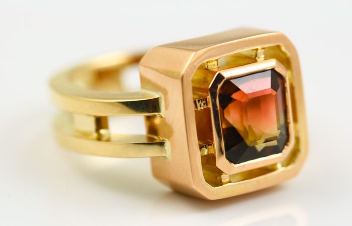 Watermelon Tourmaline square ring: a Watermelon Tourmaline set in 18 karat yellow gold