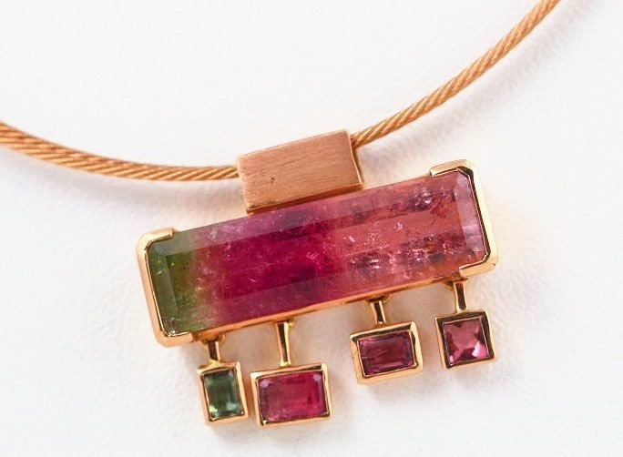 Watermelon Tourmaline pendant: a Watermelon Tourmaline set in 18 karat rose gold