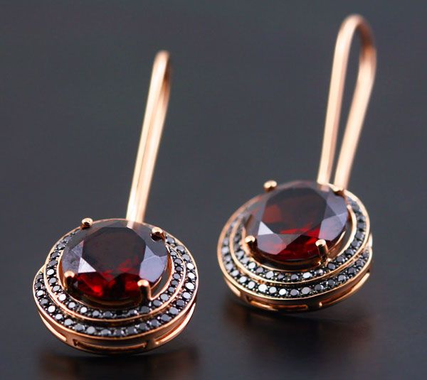 Garnet halo drops: Garnets and diamonds set in 18 karat rose gold